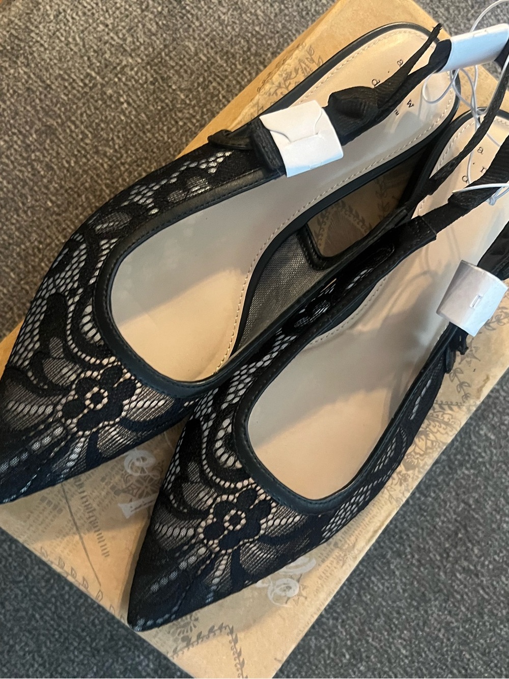 a new day Black Lace Pointed Slingback Flats with White Buckle Detail